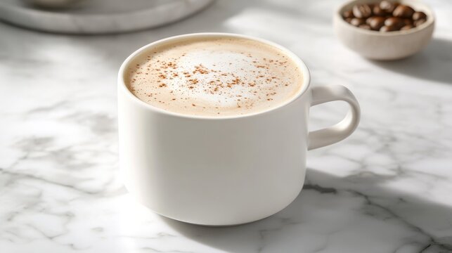 Rich cappuccino in a minimalist white cup on a marble table, featuring frothy foam topped with cocoa dust, embodying Italian coffee culture.