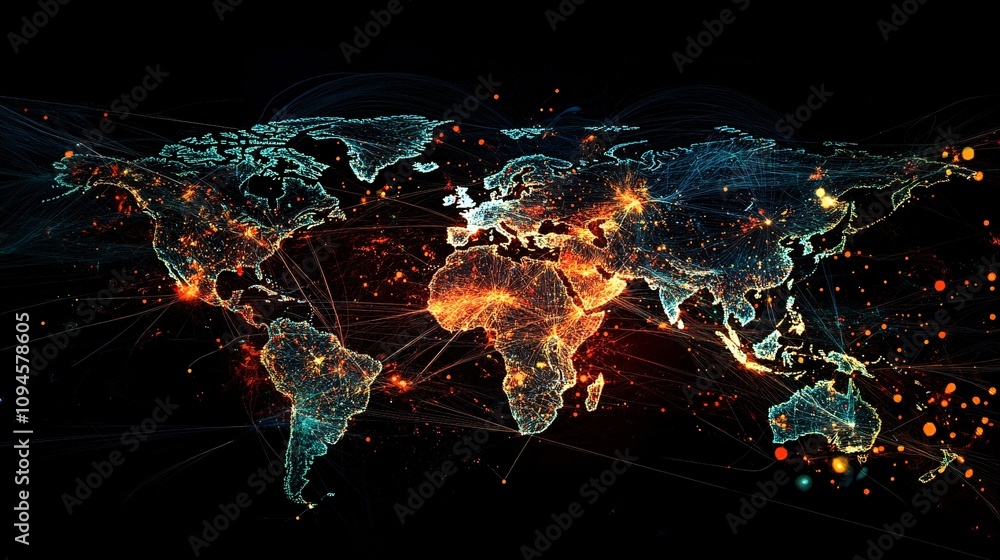 Poster World map showing global connections and data flowing