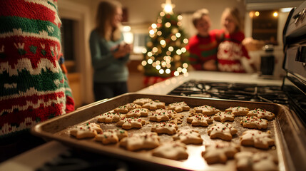 A tray of freshly baked Christmas cookies cooling on the counter surrounded by smiling family members in festive sweaters.