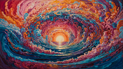 A vivid, abstract painting capturing a swirling ocean wave, with a radiant sunset at its heart, blending colors in dynamic motion.