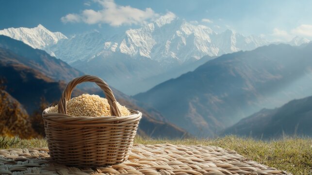 a wooden basket of millet, maize, and rice placed on a woven mat with a distant view of snowcapped mountains, representing the harvest offerings of Udhauli Parva, 