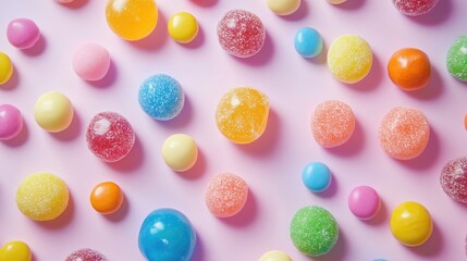 Colorful assortment of large jawbreaker candies and vibrant gum balls arranged on a light pink background in a top view composition.