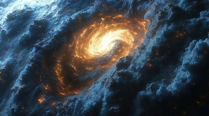Fototapeta premium Vibrant spiral galaxy swirling in cosmic clouds during a distant astronomical event. Generative AI
