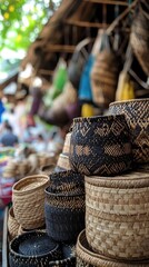 Obraz premium Colorful woven baskets and crafts fill a bustling stall in the Ubud market