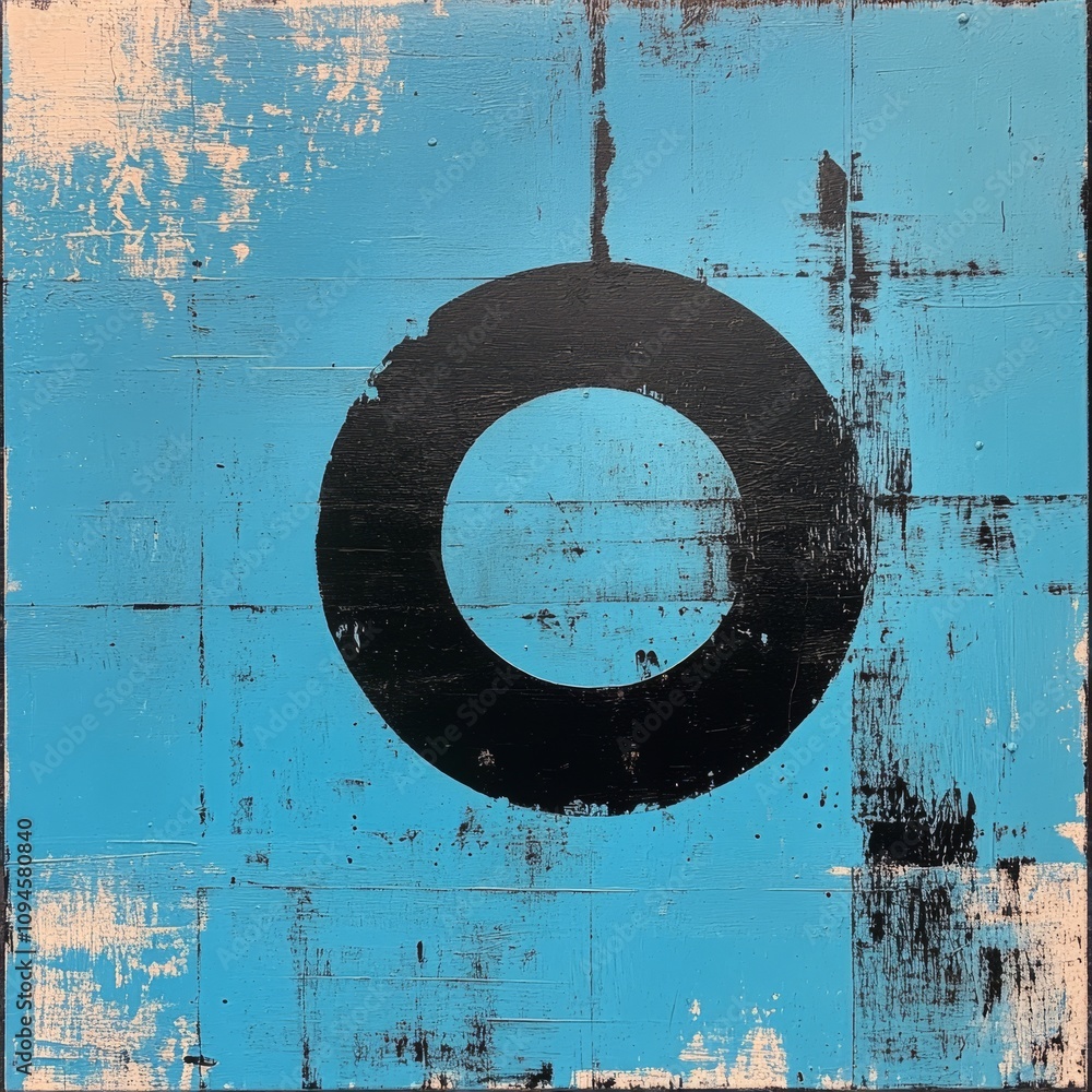 Poster abstract art composition emphasizing a textured black and white square on a weathered surface
