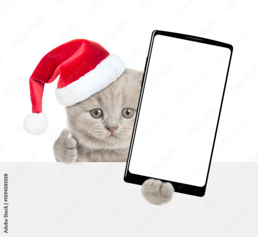 Aufkleber cute kitten wearing red christmas hat holds smartphone with white blank screen in it paw, looks abov