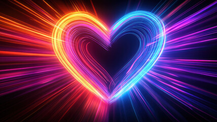 Colorful light rays forming neon heart shape