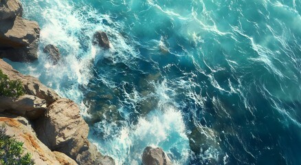 A top view of ocean waves crashing against rocks. Creating dynamic patterns that showcase the power and beauty of nature. Bird's eye view, natural light.