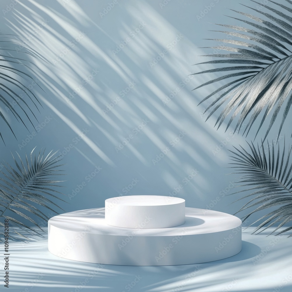 Poster modern display platform surrounded by tropical leaves and soft shadows in a light blue setting