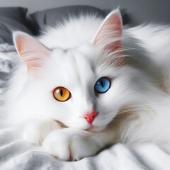 Fototapeta premium White cat with different color eyes lies on white bed. Turkish angora.