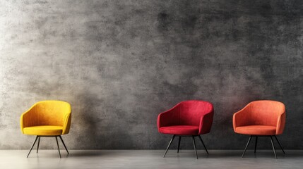 Colorful modern chairs in red, orange, and yellow arranged against a textured gray wall, symbolizing a vibrant hiring concept in a workspace setting.
