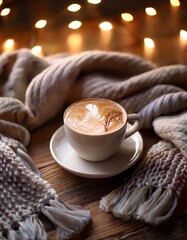 Cup of coffee with latte art on a wooden table, surrounded by soft scarves and twinkling