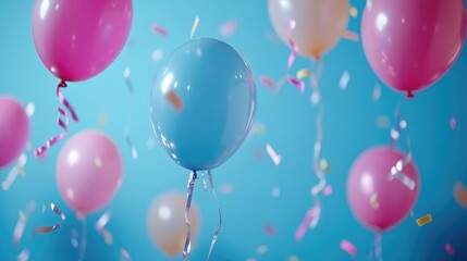 Colorful birthday balloons and streamers floating gracefully against a vibrant blue backdrop, creating a cheerful festive atmosphere.