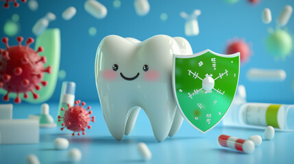 Adorable 3D tooth character with a shield, symbolizing dental protection and oral health. Bright and cheerful design, perfect for promoting dentistry or health awareness.