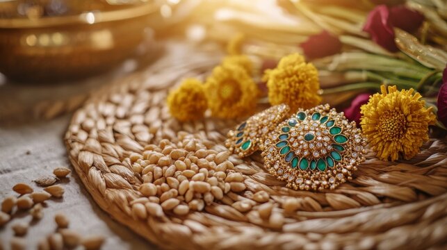 a close-up of traditional Kirati jewelry placed on a woven mat, surrounded by symbolic grains and flowers for Udhauli Parva, with ample copy space for text, captured in soft indoor light using 