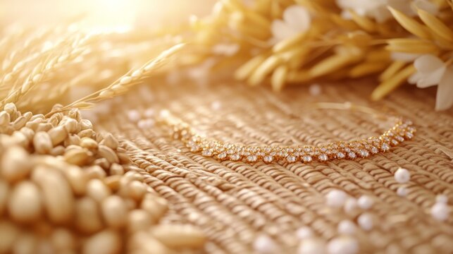 a close-up of traditional Kirati jewelry placed on a woven mat, surrounded by symbolic grains and flowers for Udhauli Parva, with ample copy space for text, captured in soft indoor light using 