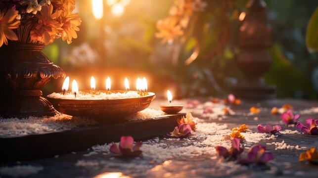 a traditional Sakela altar decorated with rice grains, flowers, and lit oil lamps, symbolizing prayers for prosperity during Udhauli Parva, 