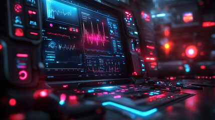 Obraz premium Futuristic control panel with vibrant displays and glowing interfaces in a high-tech environment. Generative AI