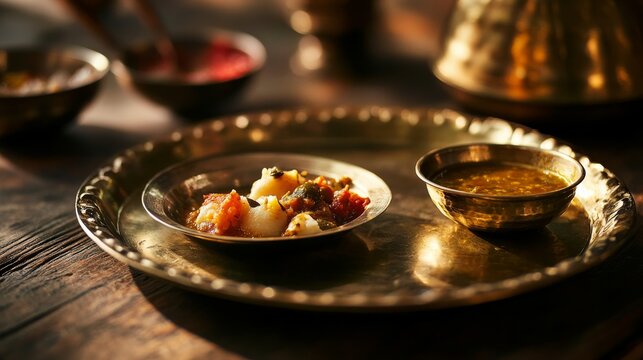 a close-up of traditional dhindo and achar (pickle) served on a brass plate, symbolizing the festive spirit of Udhauli Parva, 
