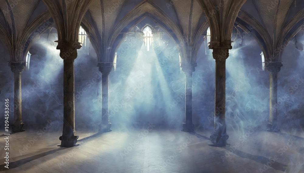 Poster a mesmerizing abstract depiction of a renaissance-inspired empty grand hall, blending dark gothic ar