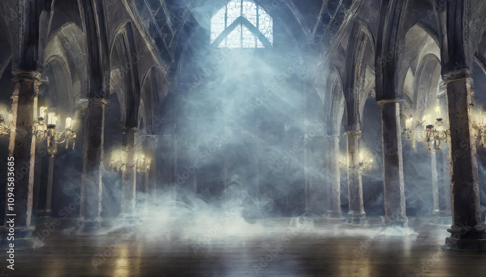 Poster mysterious abstract renaissance gothic hall with soft light and smoky shadows, echoing in an expansi