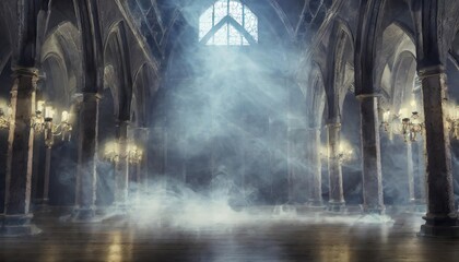 Naklejka premium Mysterious Abstract Renaissance Gothic Hall with Soft Light and Smoky Shadows, Echoing in an Expansive, Dark, and Empty Space, Creating a Timeless, Ethereal Atmosphere with Majestic Details