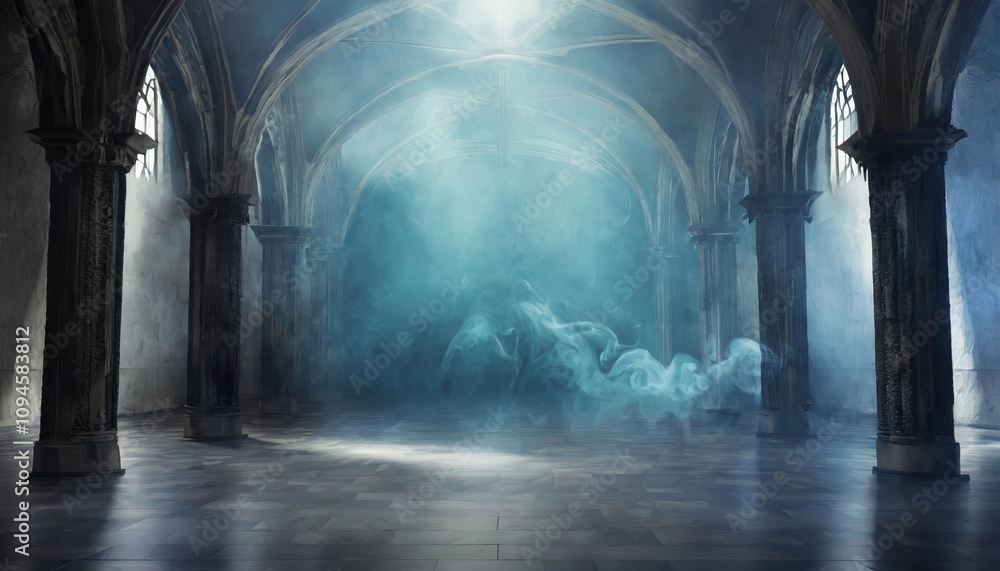 Poster a mesmerizing abstract depiction of a renaissance-inspired empty grand hall, featuring dark gothic e