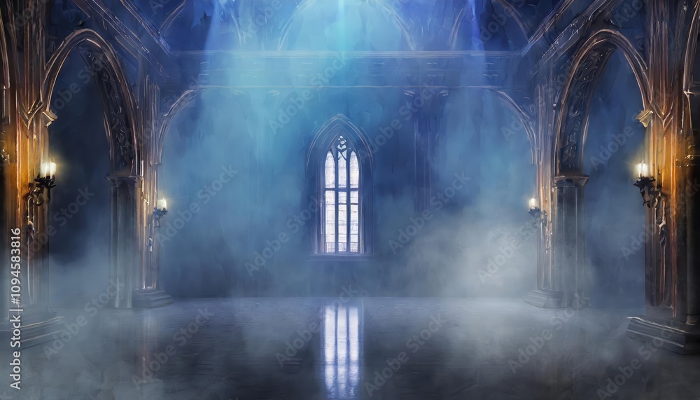 Poster an abstract renaissance-inspired empty hall with dark gothic architecture, illuminated by ethereal l