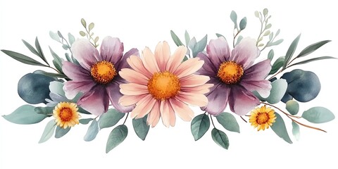 Watercolor floral arrangement with pink, purple, and yellow flowers with eucalyptus leaves.