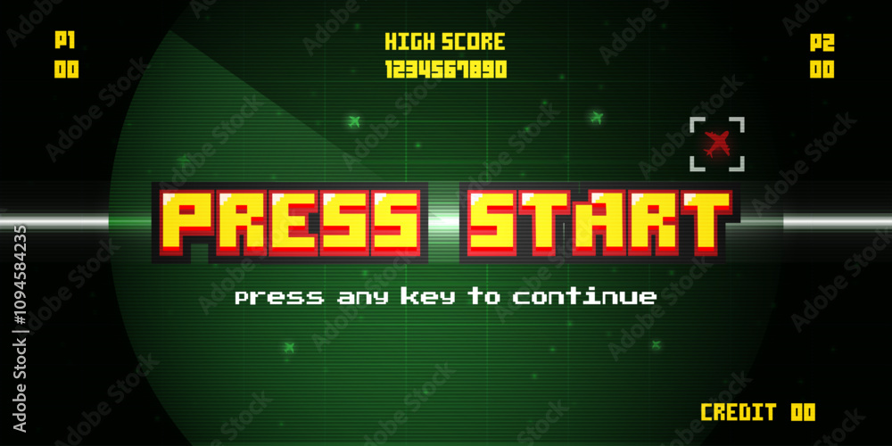 Poster press start insert coin to continue airport air traffic control radar screen.retro 8 bit game screen