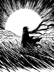 Fototapeta premium A black-and-white illustration of a person walking through a field at sunset.