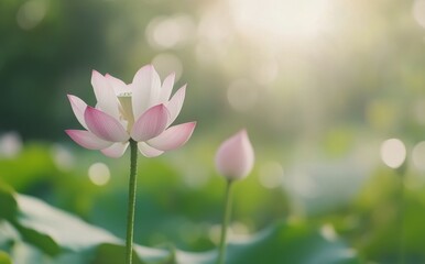 Fototapeta premium Beautiful blooming lotus flowers in a serene garden setting during daylight hours