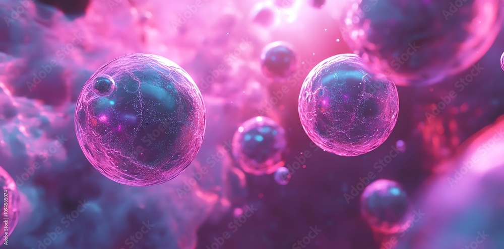 Poster a vibrant depiction of abstract cells floating in a cosmic environment.