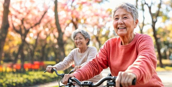 Senior woman on bike. Happy mature asian women on bicycle. Active bike exercise for healthy senior people. Cycle lifestyle for old friends in spring sakura park. Older asian woman family ride outside