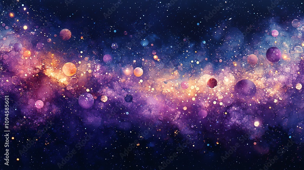 Poster a vibrant cosmic scene filled with colorful planets and stars against a dark background.