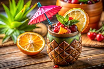 Pineapple cocktail with fresh fruit pink umbrella and orange garnish