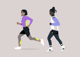A cheerful couple jogs side by side in an outdoor setting, reveling in the fresh air and warm sunshine, Their determination inspires a sense of camaraderie and shared goals