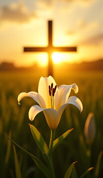 Beautiful lily flower with Easter cross at sunset in grassy field for spiritual reflection concept