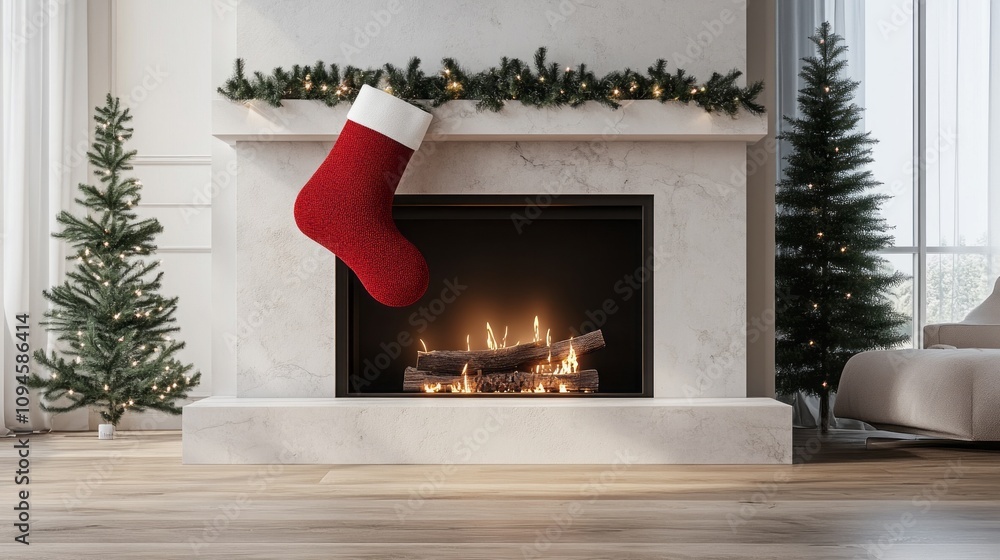 Aufkleber a fireplace with a red stocking hanging from it. the room is decorated with christmas trees and a be