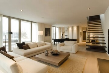 Fototapeta premium Modern living room with minimalist design, featuring light colors and elegant furnishings.