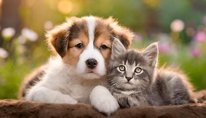 Heartwarming image of an adorable puppy and kitten lying together in a cozy embrace, showcasing pure love and friendship between two of the cutest animals, perfect for pet lovers everywhere.
