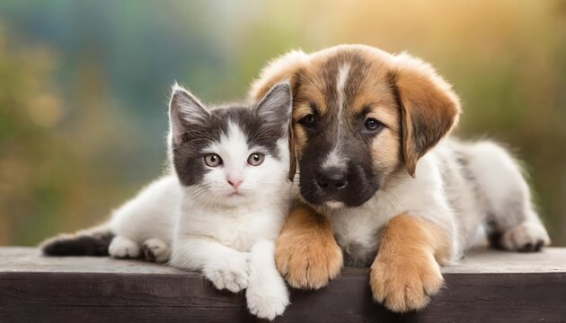 Heartwarming image of an adorable puppy and kitten lying together in a loving embrace, radiating warmth, friendship, and companionship, perfectly capturing the essence of unconditional