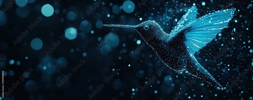 Poster digital hummingbird abstract nature glowing particles bokeh background