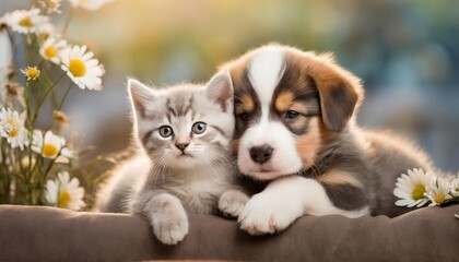 Heartwarming image of an adorable puppy and kitten snuggled together, radiating love and comfort in a cozy embrace, capturing the innocence, companionship, and pure joy of these two