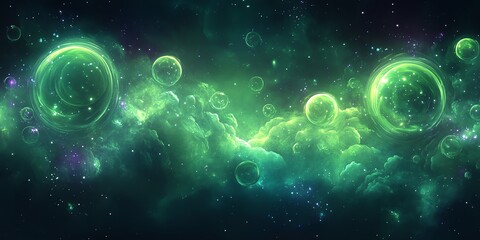 Naklejka premium A vibrant cosmic scene featuring green bubbles amidst swirling clouds of space.