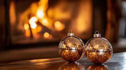 Shimmering ornaments reflecting a roaring fireplace in the background.