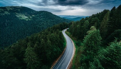 Aerial top view of a scenic mountain road winding through a dense, dark green forest, showcasing the beauty of untouched nature and the tranquility of lush wilderness in an elevated