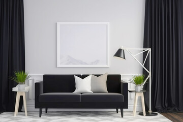 Poster frame mockup interior design in gray soft colors, black sofa. AI generated.