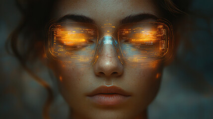Technology inspires creativity with futuristic glasses worn by a young woman, combining digital imagery and human expression. Generative AI
