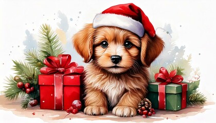 クリスマスのプレゼントと子犬